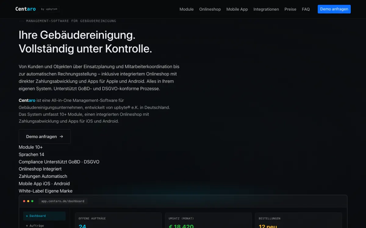 Startseite der Software Centaro für Gebäudereinigung