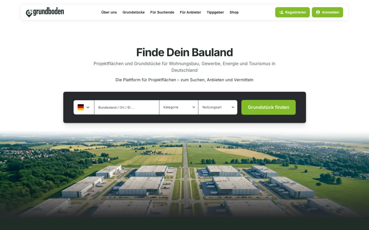 Startseite der Plattform grundboden mit Grundstückssuche